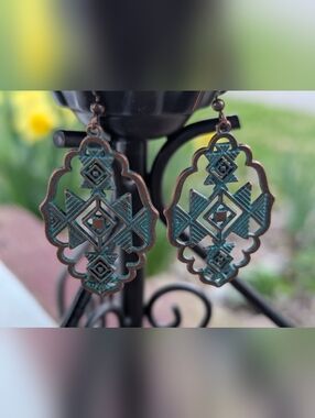 Artisan Dangle Green Patina Metal Earrings Boho Chic Indie Rustic Whimsy 2.25"
